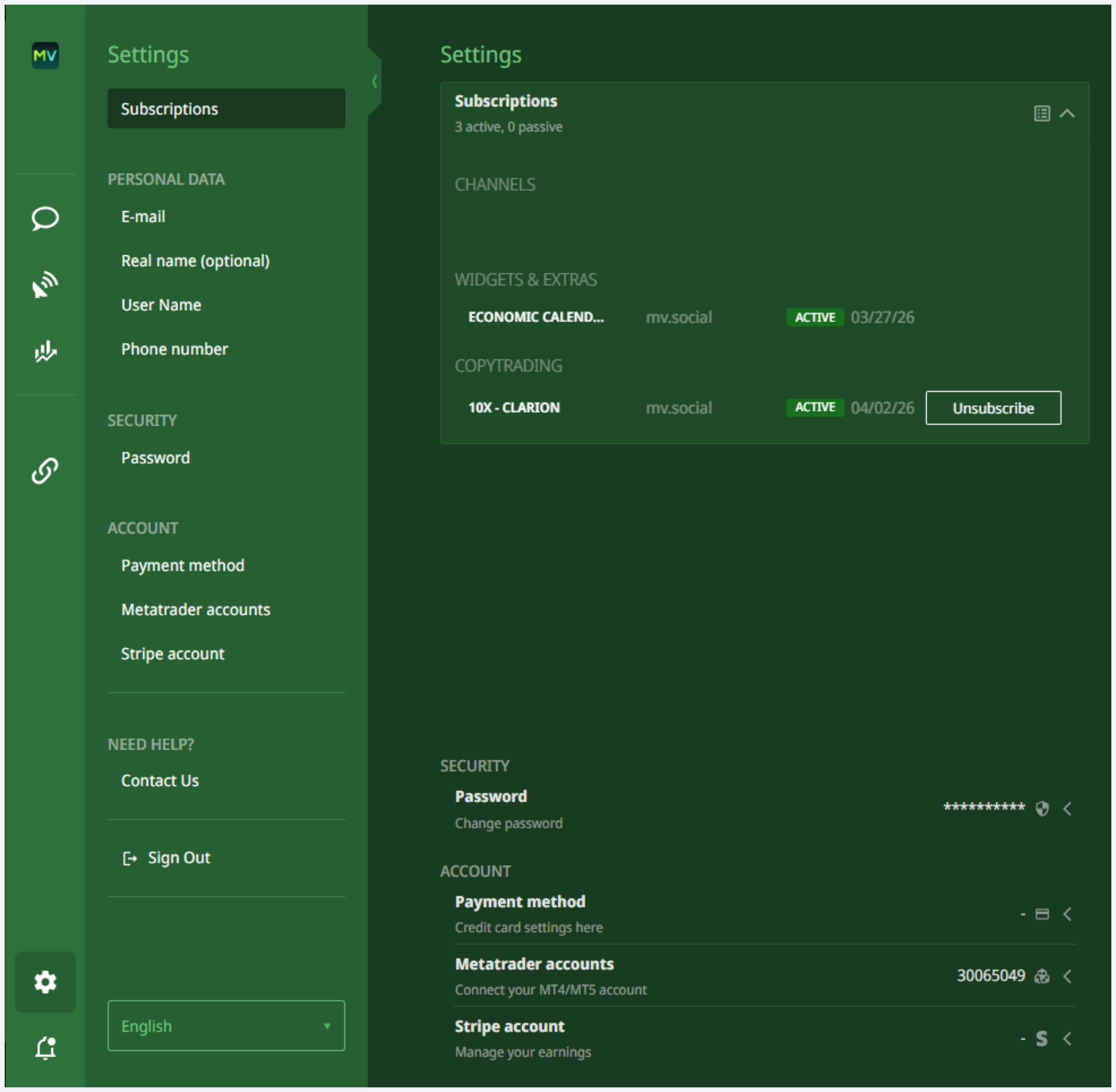 Settings Subscriptions section with active program